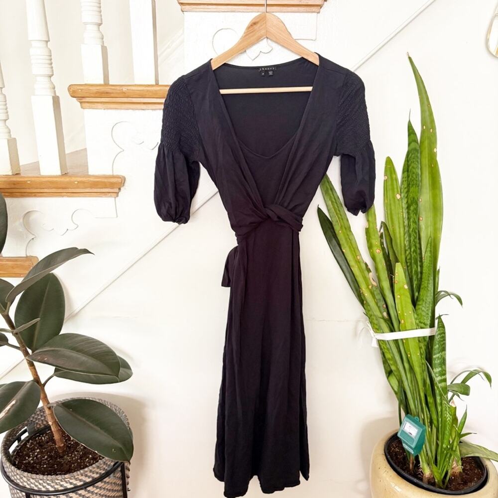 Theory Black Cotton Midi Tie Waist Dress Short Puff Sleeve Belted Size P(XS)